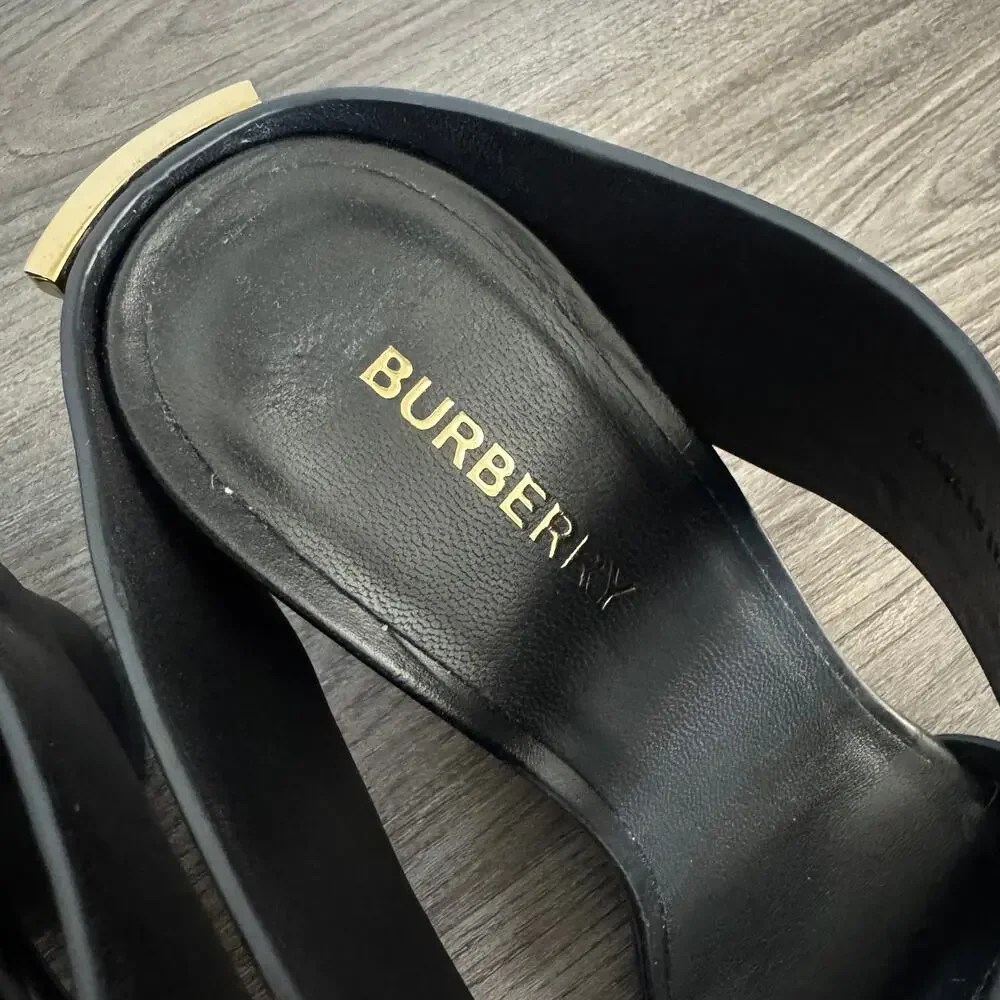 Burberry Eliana Black Leather Gold Logo Heeled Slides Sandals 36 NEW TB Heels